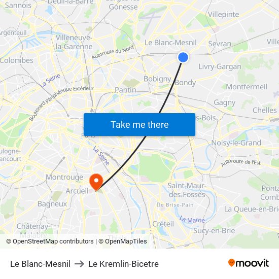 Le Blanc-Mesnil to Le Kremlin-Bicetre map