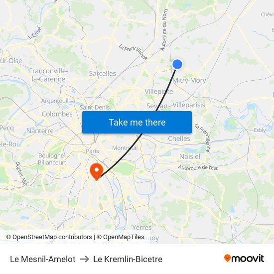 Le Mesnil-Amelot to Le Kremlin-Bicetre map