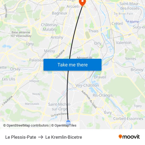 Le Plessis-Pate to Le Kremlin-Bicetre map