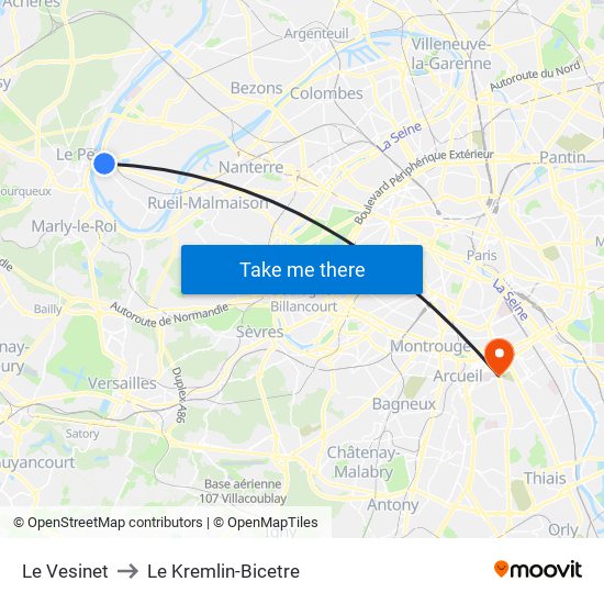 Le Vesinet to Le Kremlin-Bicetre map