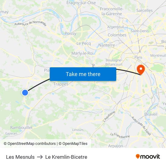 Les Mesnuls to Le Kremlin-Bicetre map