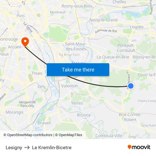 Lesigny to Le Kremlin-Bicetre map