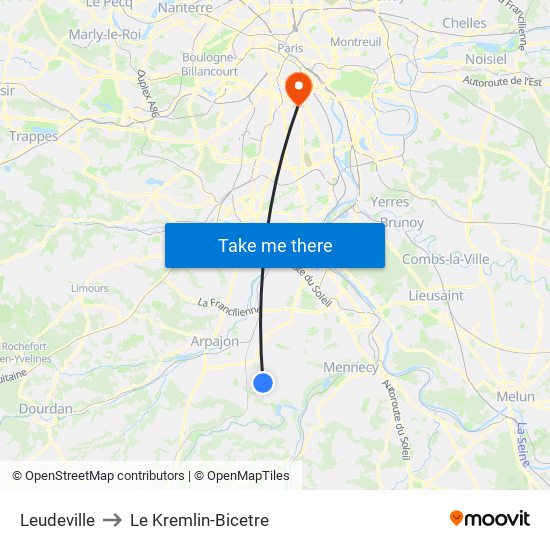 Leudeville to Le Kremlin-Bicetre map