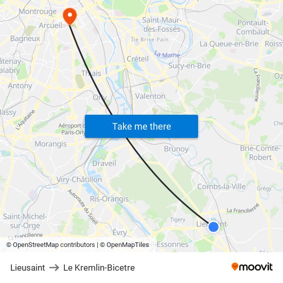 Lieusaint to Le Kremlin-Bicetre map