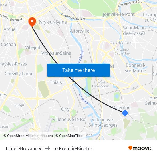 Limeil-Brevannes to Le Kremlin-Bicetre map