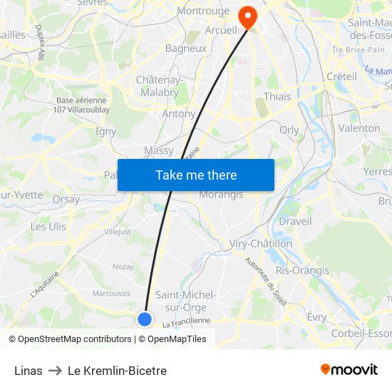 Linas to Le Kremlin-Bicetre map