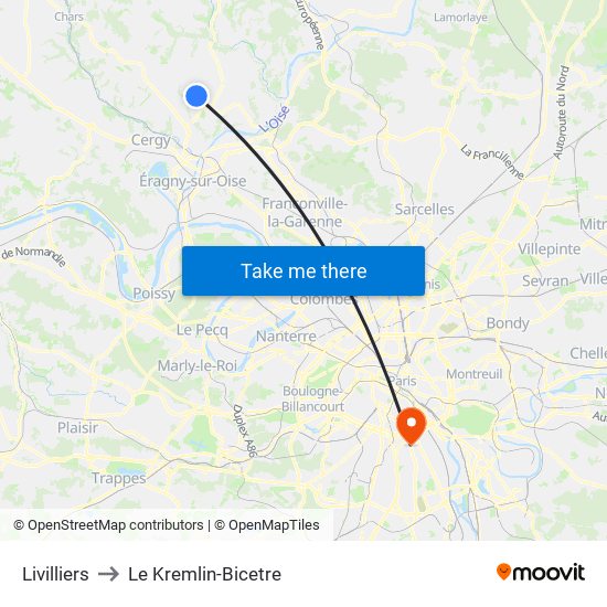 Livilliers to Le Kremlin-Bicetre map