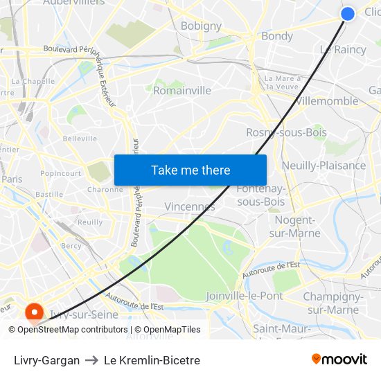 Livry-Gargan to Le Kremlin-Bicetre map