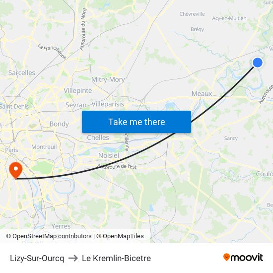 Lizy-Sur-Ourcq to Le Kremlin-Bicetre map