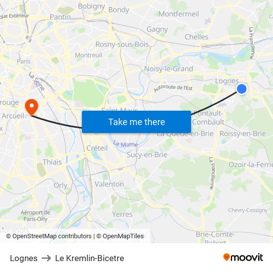 Lognes to Le Kremlin-Bicetre map