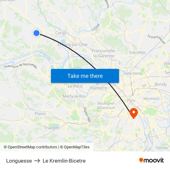 Longuesse to Le Kremlin-Bicetre map
