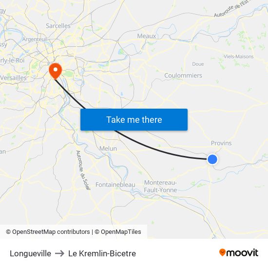 Longueville to Le Kremlin-Bicetre map