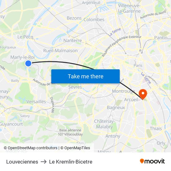 Louveciennes to Le Kremlin-Bicetre map