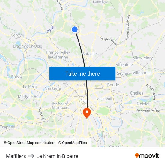 Maffliers to Le Kremlin-Bicetre map