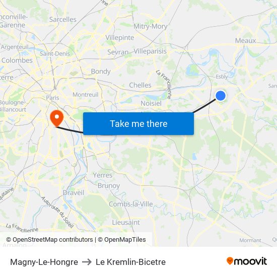 Magny-Le-Hongre to Le Kremlin-Bicetre map