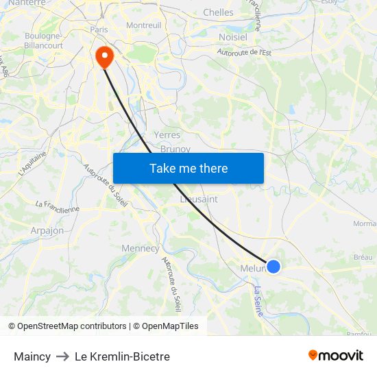 Maincy to Le Kremlin-Bicetre map