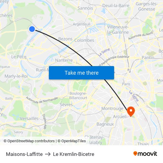 Maisons-Laffitte to Le Kremlin-Bicetre map