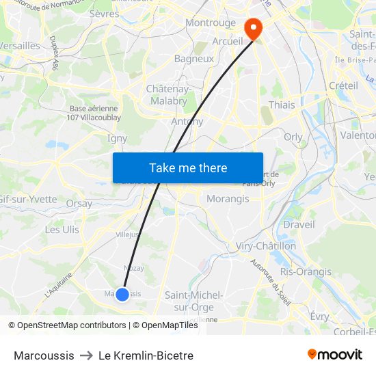 Marcoussis to Le Kremlin-Bicetre map