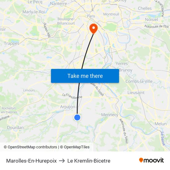 Marolles-En-Hurepoix to Le Kremlin-Bicetre map
