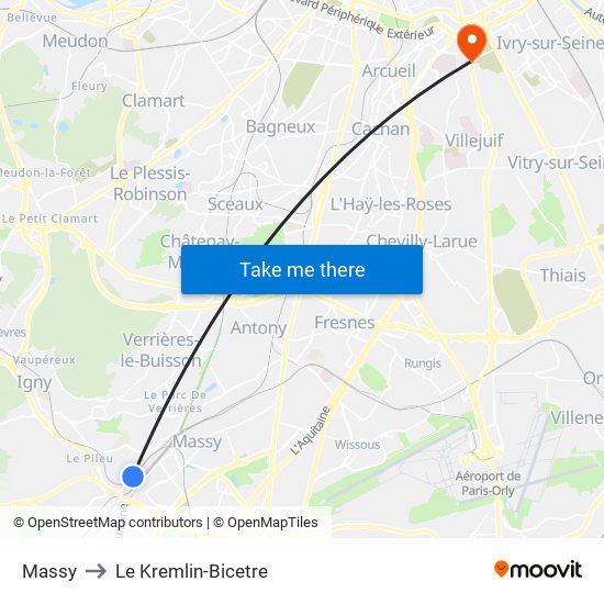 Massy to Le Kremlin-Bicetre map