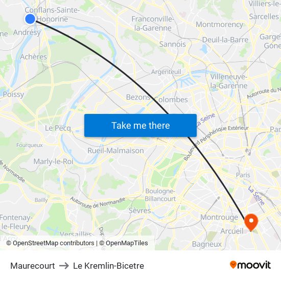 Maurecourt to Le Kremlin-Bicetre map