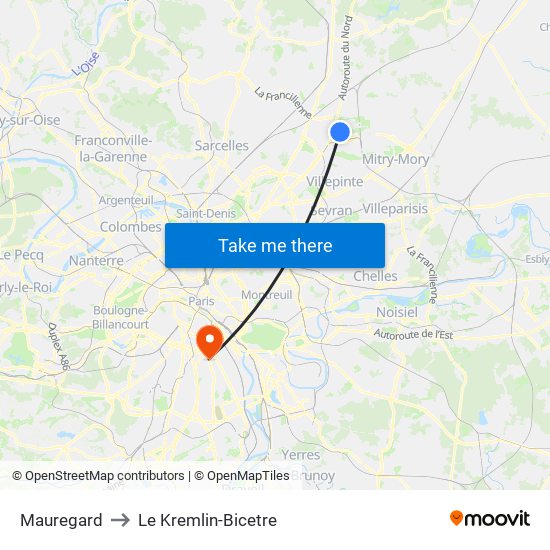 Mauregard to Le Kremlin-Bicetre map