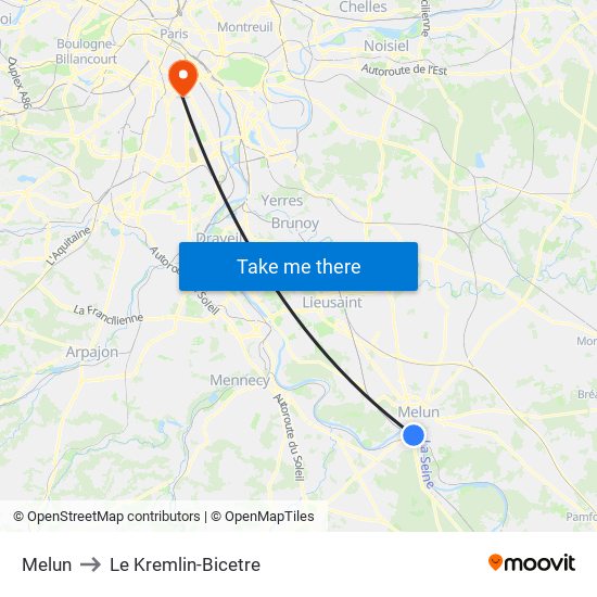 Melun to Le Kremlin-Bicetre map