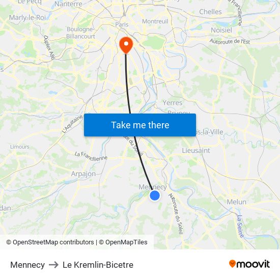 Mennecy to Le Kremlin-Bicetre map