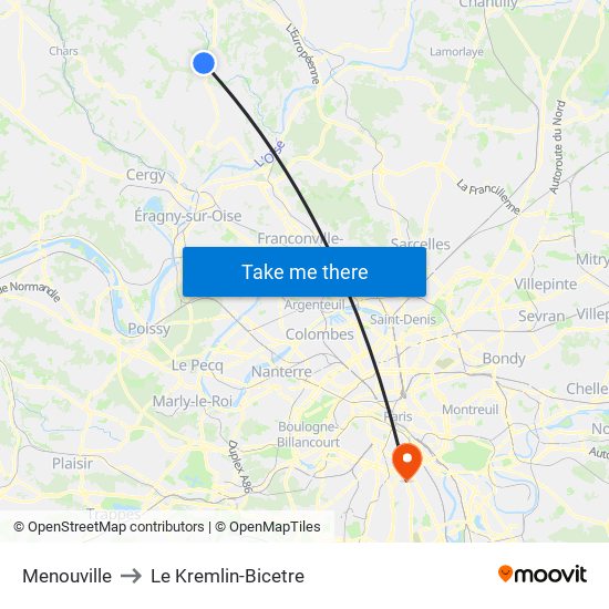 Menouville to Le Kremlin-Bicetre map