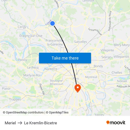 Meriel to Le Kremlin-Bicetre map