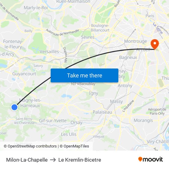 Milon-La-Chapelle to Le Kremlin-Bicetre map