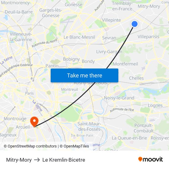 Mitry-Mory to Le Kremlin-Bicetre map