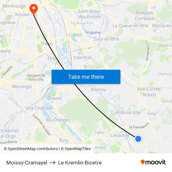 Moissy-Cramayel to Le Kremlin-Bicetre map