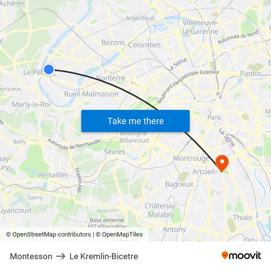 Montesson to Le Kremlin-Bicetre map