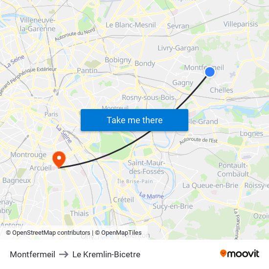 Montfermeil to Le Kremlin-Bicetre map