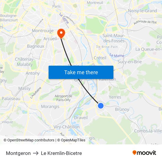 Montgeron to Le Kremlin-Bicetre map