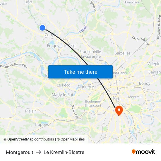 Montgeroult to Le Kremlin-Bicetre map