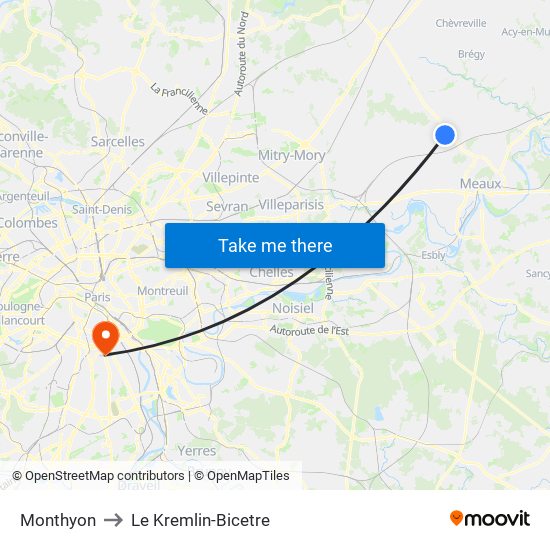 Monthyon to Le Kremlin-Bicetre map