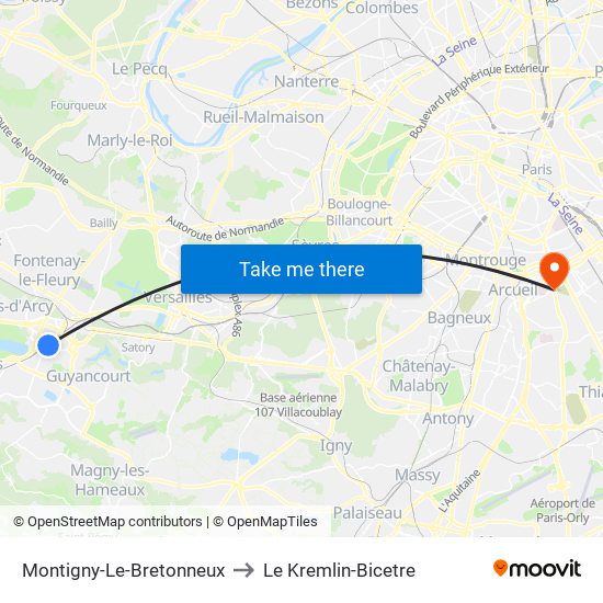 Montigny-Le-Bretonneux to Le Kremlin-Bicetre map