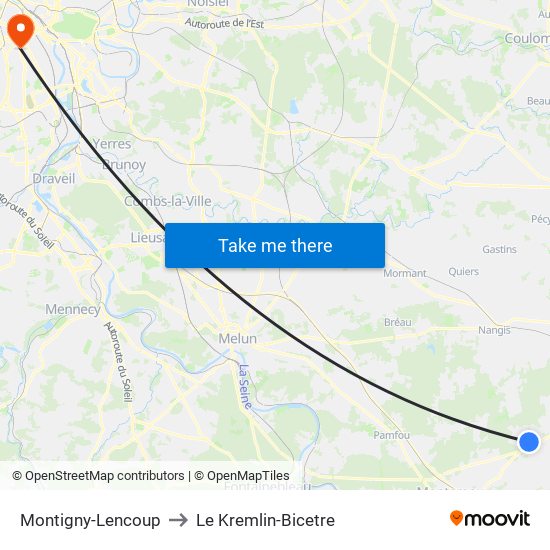 Montigny-Lencoup to Le Kremlin-Bicetre map