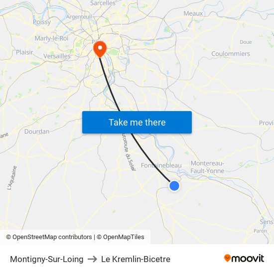 Montigny-Sur-Loing to Le Kremlin-Bicetre map