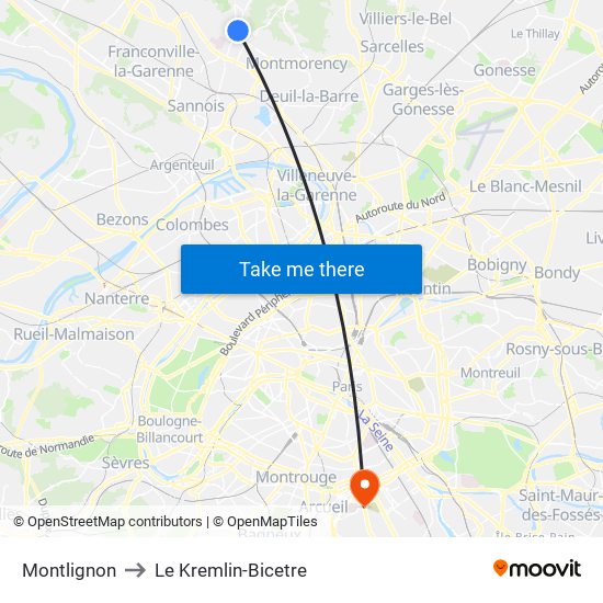 Montlignon to Le Kremlin-Bicetre map