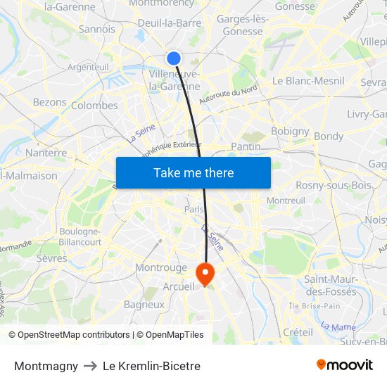 Montmagny to Le Kremlin-Bicetre map