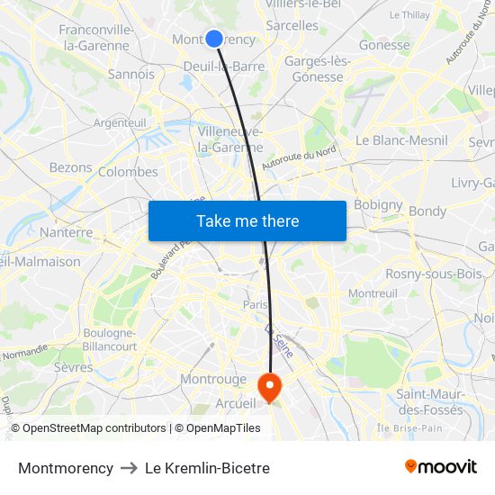 Montmorency to Le Kremlin-Bicetre map