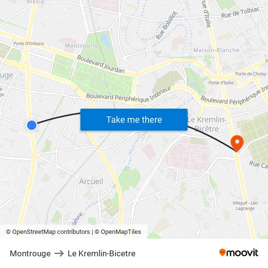 Montrouge to Le Kremlin-Bicetre map