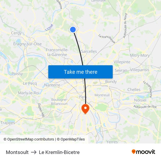 Montsoult to Le Kremlin-Bicetre map