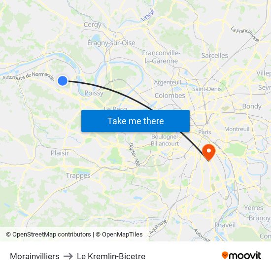 Morainvilliers to Le Kremlin-Bicetre map