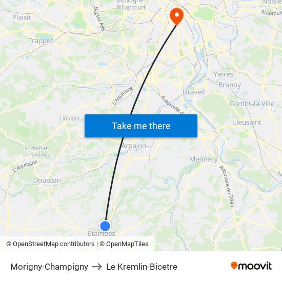 Morigny-Champigny to Le Kremlin-Bicetre map