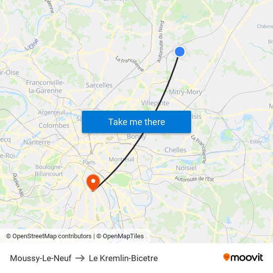 Moussy-Le-Neuf to Le Kremlin-Bicetre map