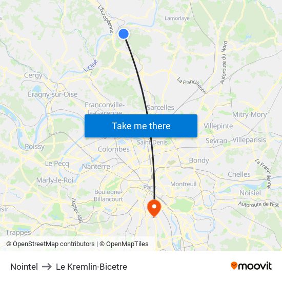 Nointel to Le Kremlin-Bicetre map